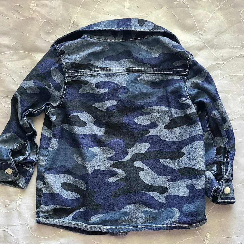 Carters Kids Camouflage Button-Up Shirt Boys 18 Month Navy Blue Button Down Camo
